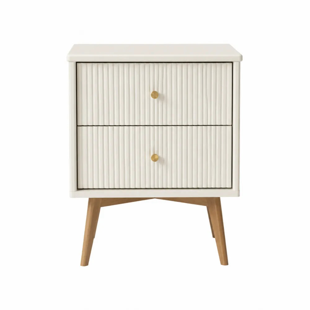Comodino in legno bianco a 2 cassetti con gambe in legno