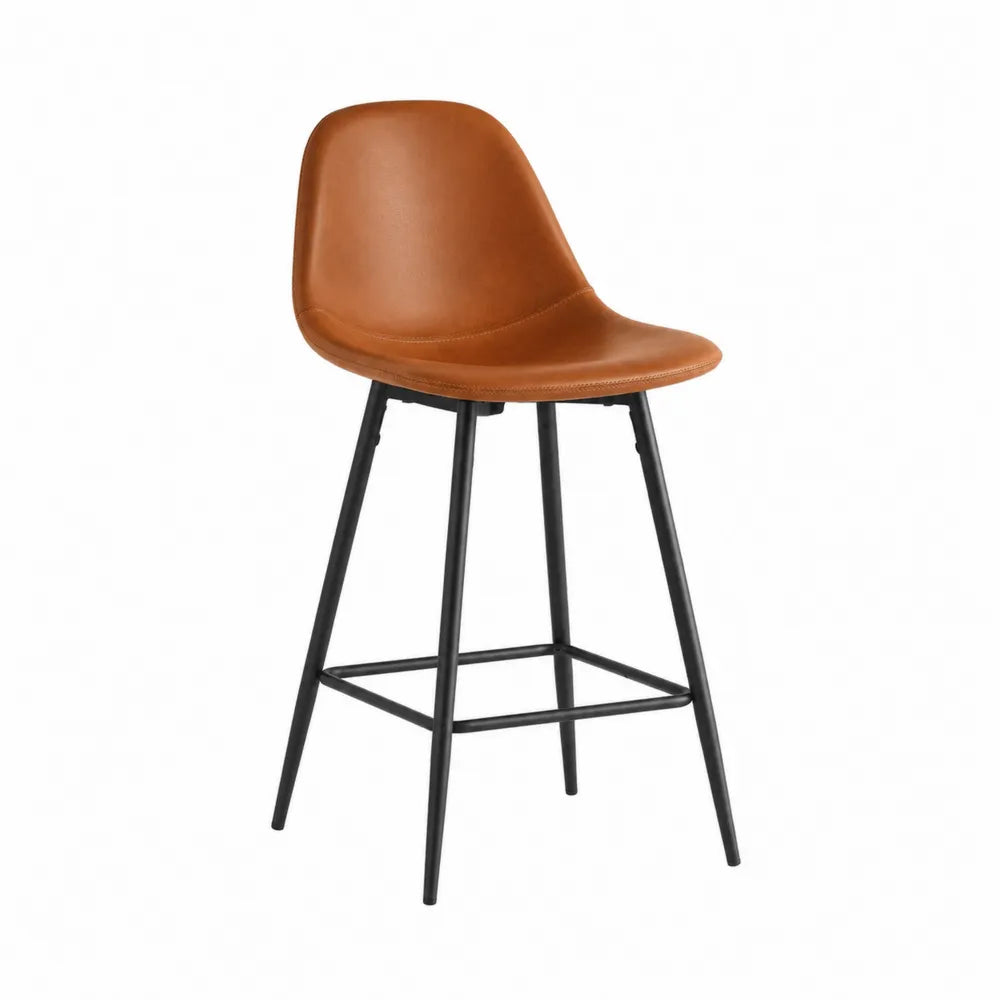 Sgabello in pelle sintetica marrone con struttura in metallo nero
