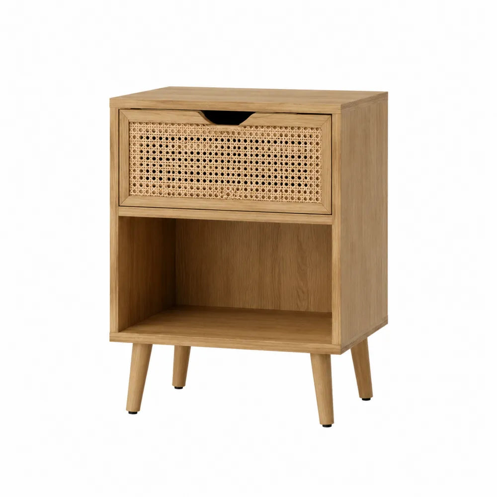 Comodino in Legno di Quercia e Rattan 45x35x60 cm
