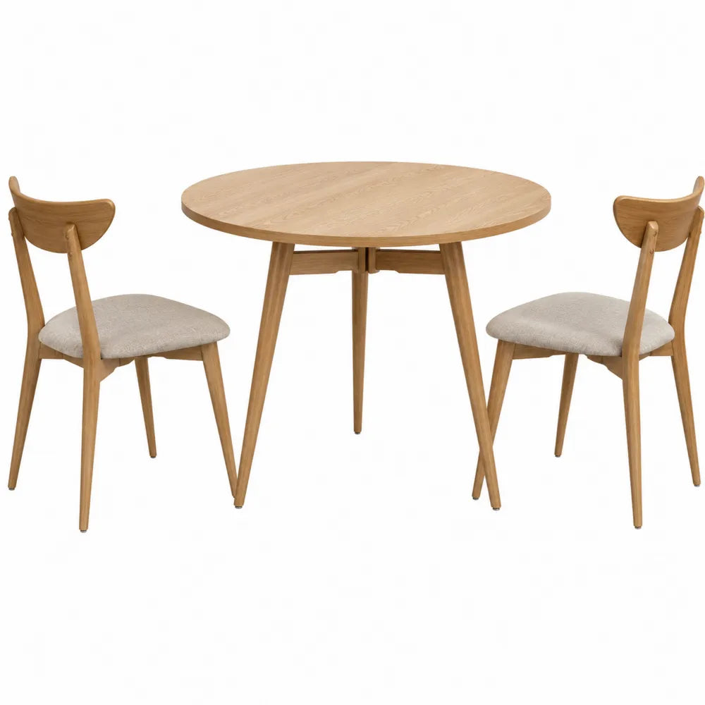 Set da pranzo in legno chiaro con sedie in tessuto imbottito