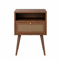 Comodino in legno marrone con rivestimento in rattan
