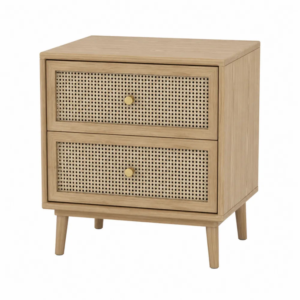 Comodino in legno di quercia e rattan con 2 cassetti