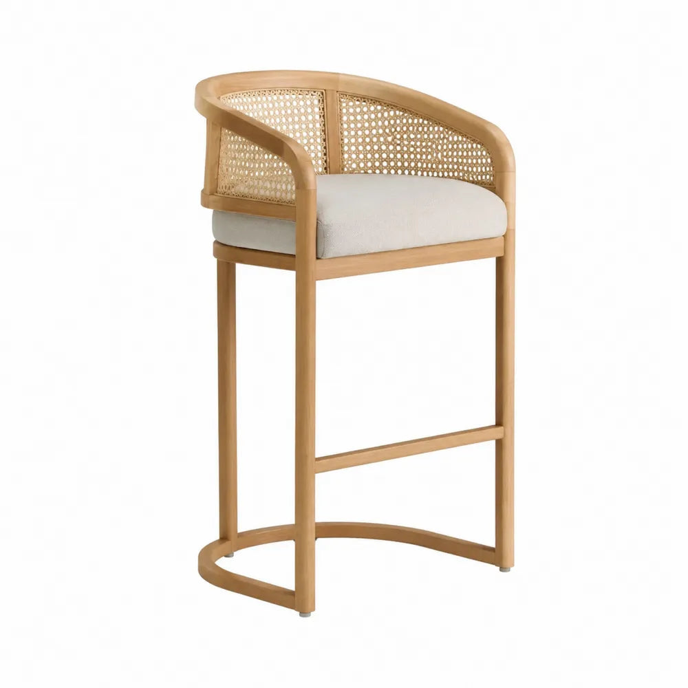 Sgabello da bar in legno e rattan con seduta imbottita