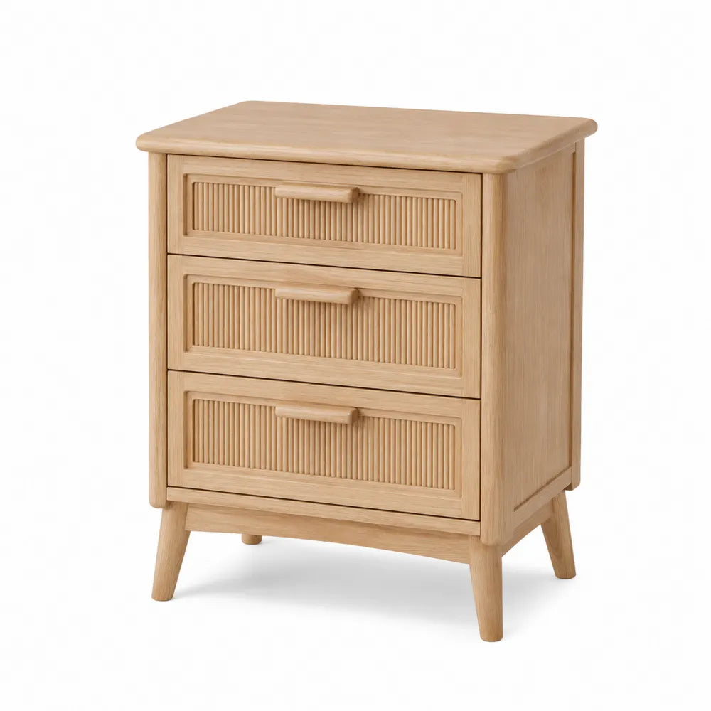 Comodino in legno di rovere chiaro con tre cassetti
