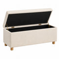 Panca contenitore in tessuto beige con gambe in legno