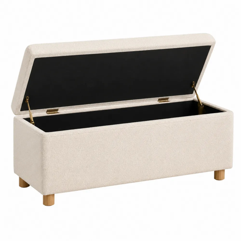 Panca contenitore in tessuto beige con gambe in legno