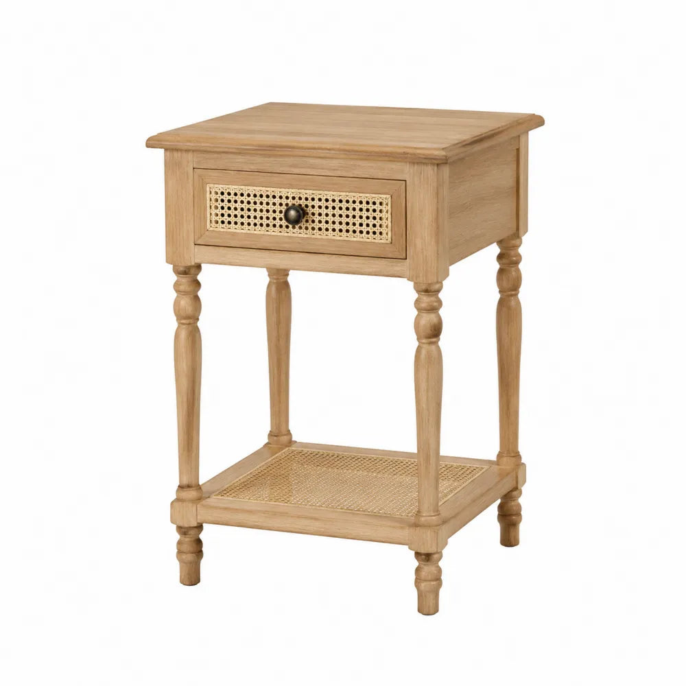 Comodino in Legno e Rattan Naturale con Cassetto