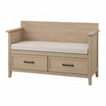 Panca in legno chiaro con cuscino e cassetti