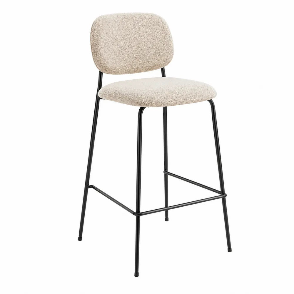 Sgabello da Bar in Tessuto Boucle Beige con Struttura in Metallo Nero