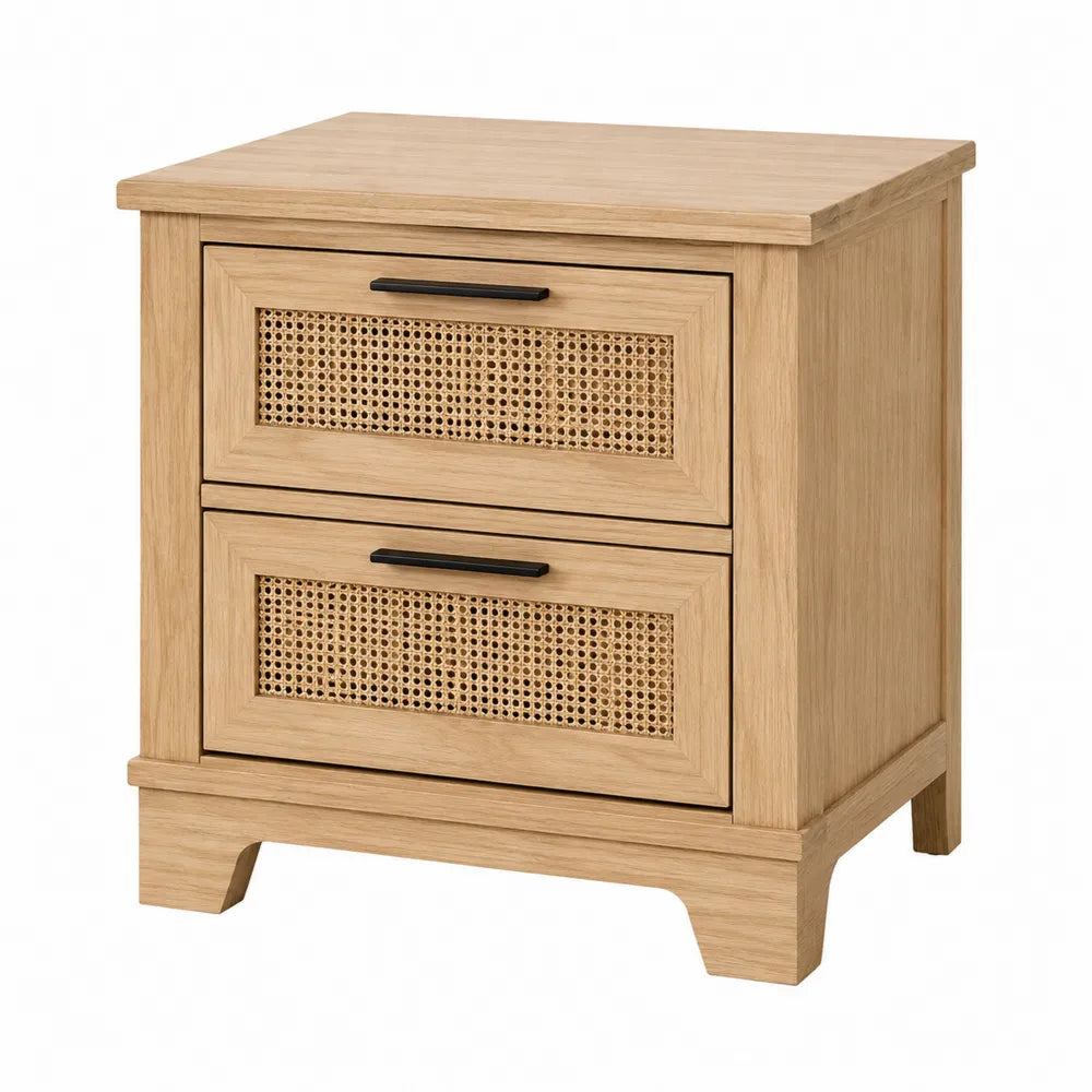 Comodino in Legno con Due Cassetti in Rattan 40x30x50 cm