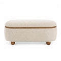Panca imbottita in tessuto beige con piedini in legno