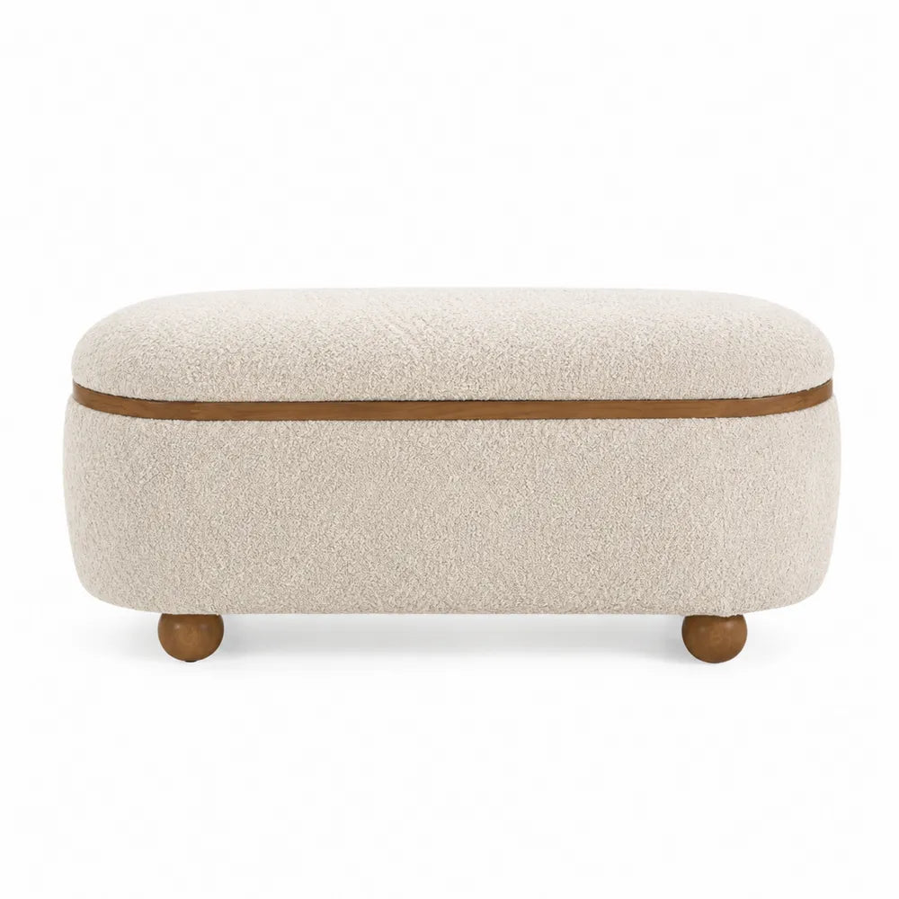 Panca imbottita in tessuto beige con piedini in legno