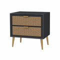 Comodino in Legno MDF e Rattan con Gambe in Metallo Nero