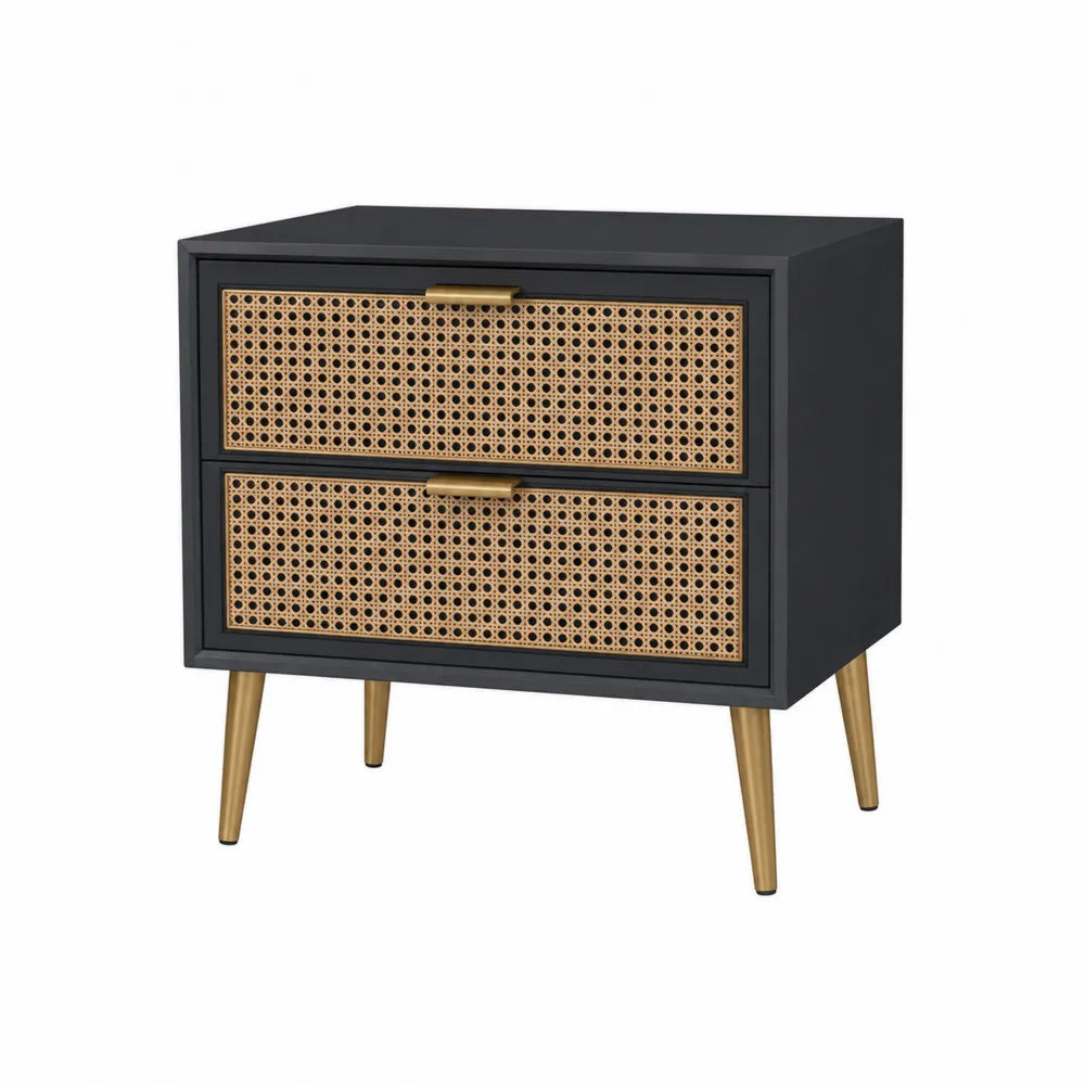 Comodino in Legno MDF e Rattan con Gambe in Metallo Nero